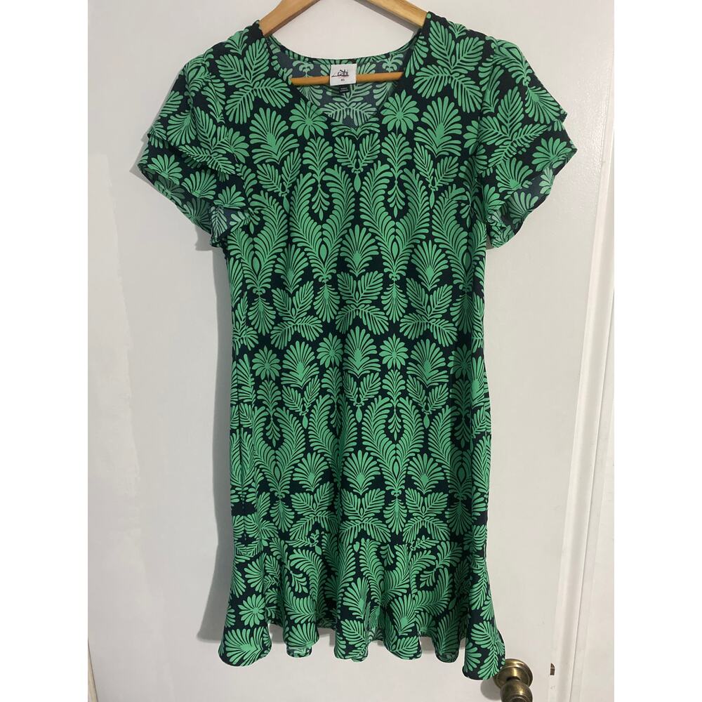 Cabi Palmette Dress Women’s Size Xs Green Ruffle Tropical Preppy Casual Comfy